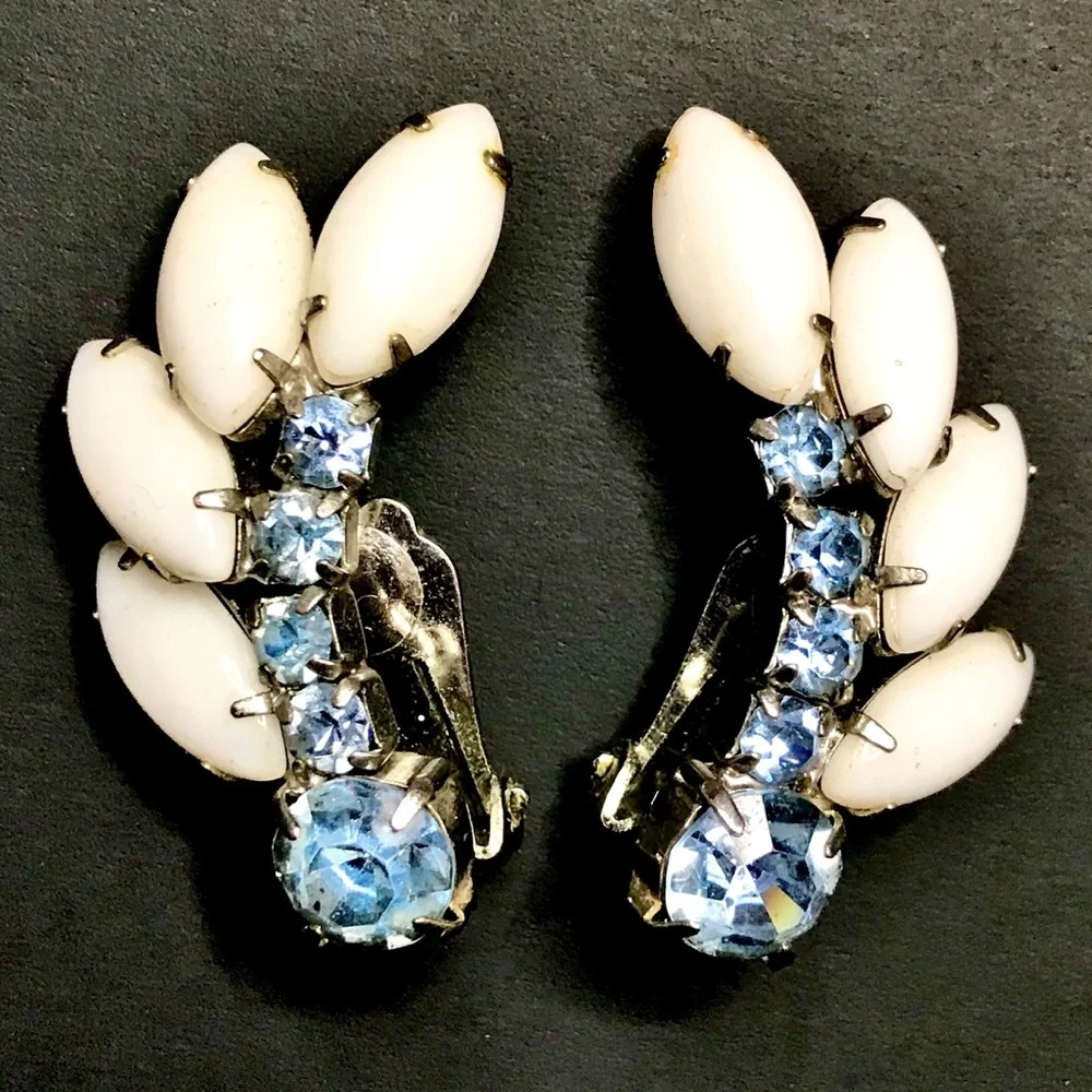 Vintage Earrings Milk Glass Rhinestone Ear Climber